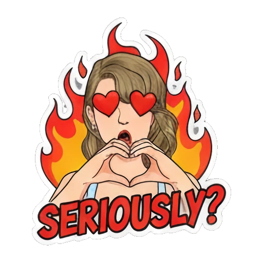 Pop star making heart hands with heart eyes and 'SERIOUSLY?' text Pop Star Daily Vibes sticker for expressive chats and social replies.