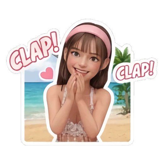 Girl clapping hands with joyful expression saying CLAP Summer Beach Girl Vibes sticker for expressive chats and social replies.