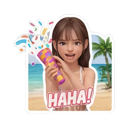 Girl blowing party popper with excited expression saying HAHA Summer Beach Girl Vibes sticker for expressive chats and social replies.