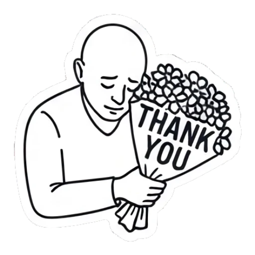 Bald man holding a bouquet of flowers with 'THANK YOU' text Bald Guy Daily Vibes sticker for expressive chats and social replies.