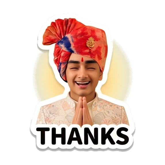 Young Indian boy smiling with hands together in a thanks gesture. Indian Prince Expressions sticker for expressive chats and social replies.