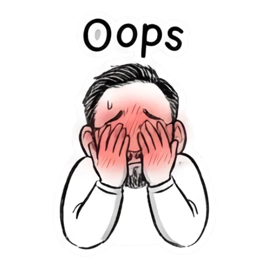 Bearded man covering face with hands in embarrassment, Oops text. Doodle Guy Daily Vibes sticker for expressive chats and social replies.