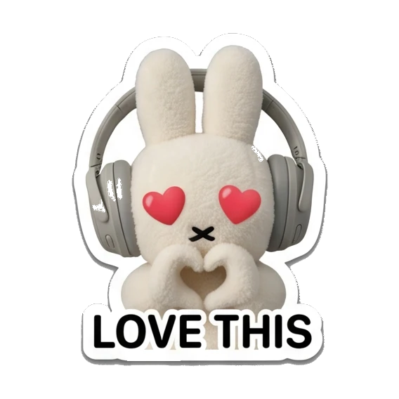Bunny making a heart shape with hands saying LOVE THIS Music Loving Bunny sticker for expressive chats and social replies.