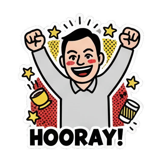 Man cheering with arms up, text HOORAY! Cheerful Office Guy sticker for expressive chats and social replies.