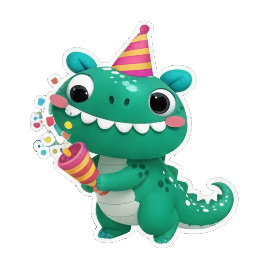 Party dino with hat and confetti popper with GRR text Cheerful Green Dino Adventures sticker for expressive chats and social replies.