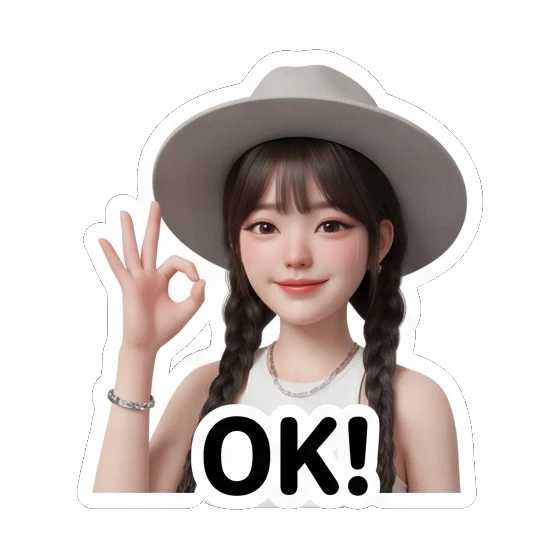 Girl with hat making OK gesture, text OK! Chic Hat Girl Expressions sticker for expressive chats and social replies.