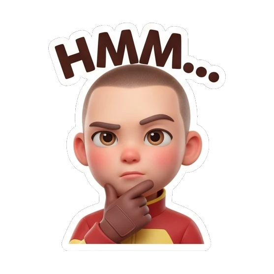Pilot boy touching chin, thoughtful and hmm expression. Cool Pilot Adventures sticker for expressive chats and social replies.