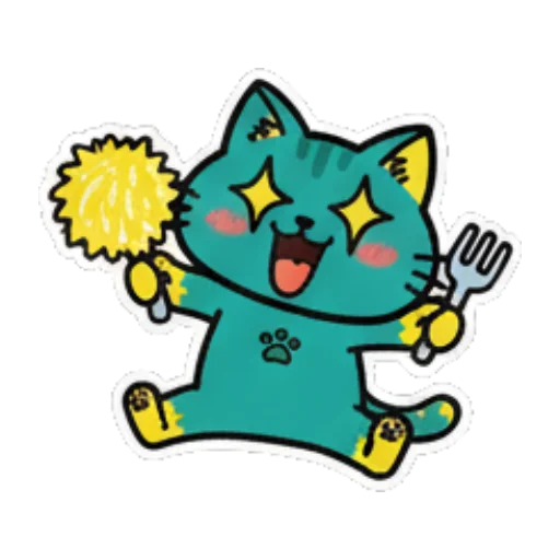 拿着叉子兴奋的猫 Cute Teal Cat Stickers sticker for expressive chats and social replies.