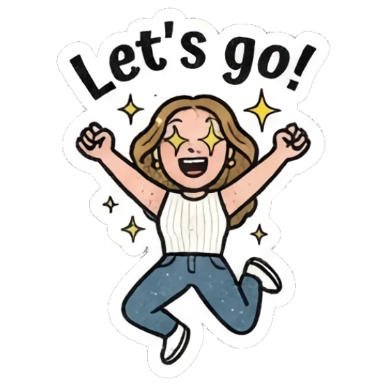 Girl jumping with excitement and starry eyes, text 'Let's go!' Retro Comic Girl Expressions sticker for expressive chats and social replies.