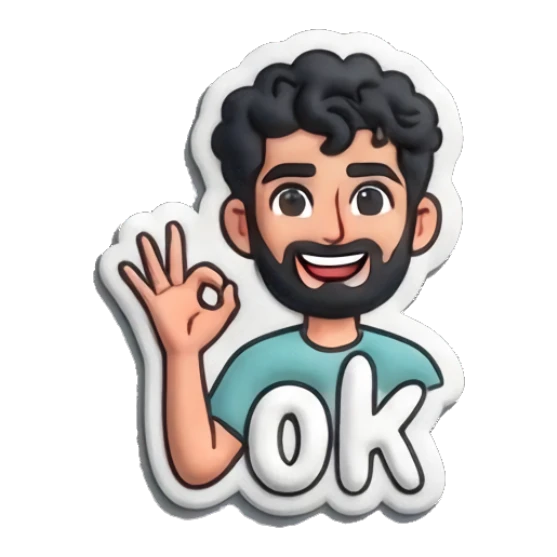 Curly-haired man making an OK hand gesture with 'OK' text. Curly Beard Guy Daily Vibes sticker for expressive chats and social replies.