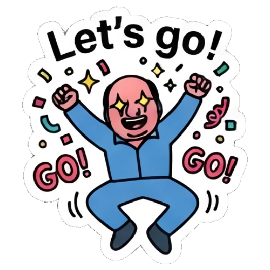 Excited man jumping for joy with text Let's go! Office Guy Daily Vibes sticker for expressive chats and social replies.