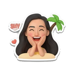 Girl blushing shyly, text SHY Summer Beach Girl Vibes sticker for expressive chats and social replies.