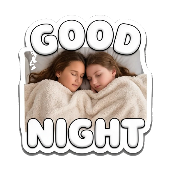 Two girls sleeping under a blanket with text GOOD NIGHT Cheerful Girl Daily Life sticker for expressive chats and social replies.