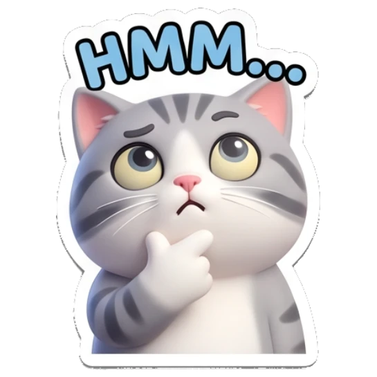 Thinking tabby cat with paw on chin and text HMM... Cheerful Tabby Cat Daily sticker for expressive chats and social replies.