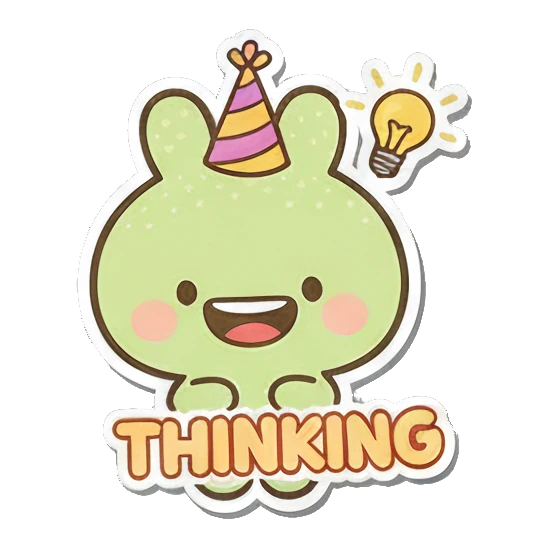 Thinking bunny with party hat and lightbulb Minty Bunny Moods sticker for expressive chats and social replies.
