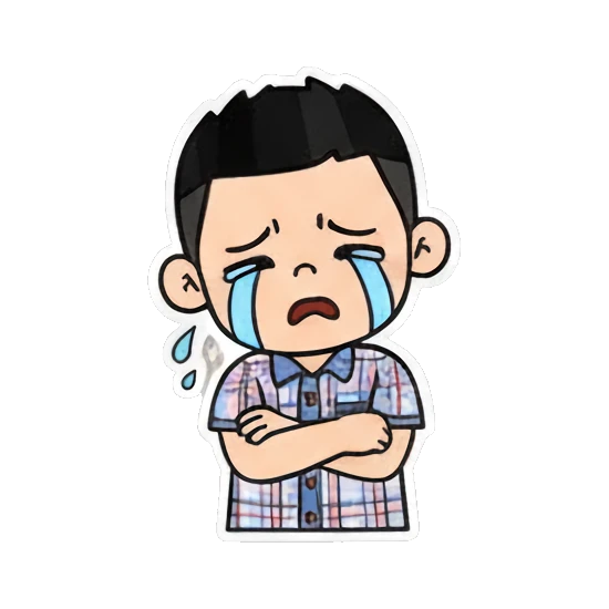 Boy crying loudly with crossed arms and text Cheerful Boy Daily Expressions sticker for expressive chats and social replies.