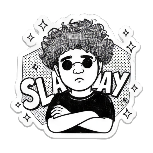 Curly-haired boy with arms crossed looking cool with text SLAY. Curly Hair Doodle Vibes sticker for expressive chats and social replies.