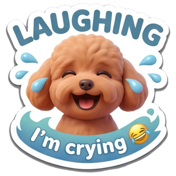 Poodle laughing with tears of joy. Poodle Pals Daily sticker for expressive chats and social replies.