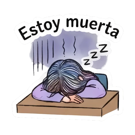 Girl exhausted and sleeping on a desk, text 'Estoy muerta' Daily Doodle Girl Vibes sticker for expressive chats and social replies.