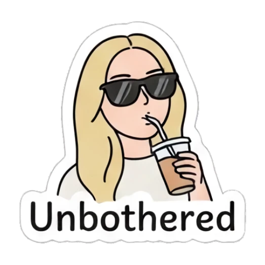 Blonde girl wearing sunglasses drinking coffee with text Unbothered Blonde Girl Daily Vibes sticker for expressive chats and social replies.