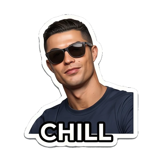 Cristiano Ronaldo wearing sunglasses looking cool with CHILL text Cristiano Ronaldo Expressions sticker for expressive chats and social replies.