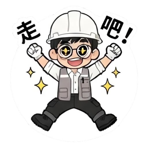 Worker jumping with excitement and 'Let's go' text Hard Hat Hero sticker for expressive chats and social replies.