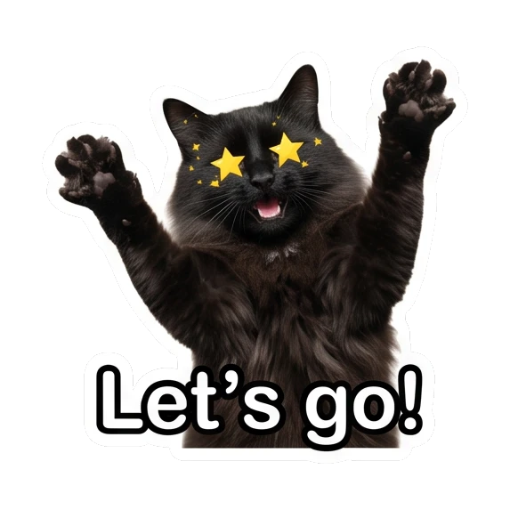 Excited black cat with star eyes and text Let's go! Mystic Black Cat Moods sticker for expressive chats and social replies.