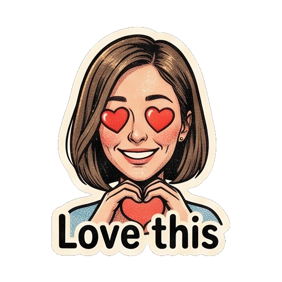 Young woman with heart eyes making a heart shape with 'Love this' text Retro Comic Girl Expressions sticker for expressive chats and social replies.
