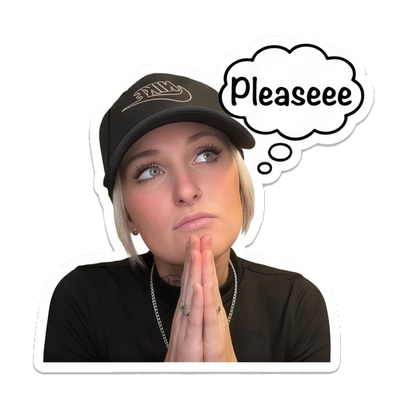 Woman praying with hands together, pleading, text Pleaseee Cool Girl Daily Vibes sticker for expressive chats and social replies.