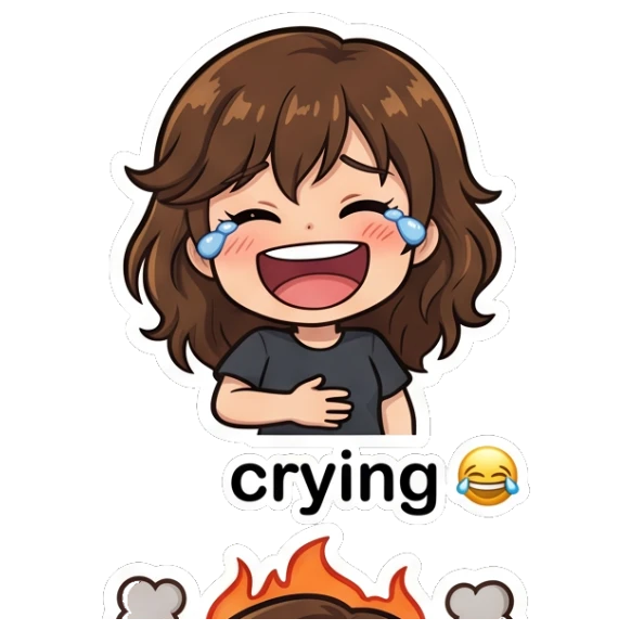 Brown-haired girl laughing hysterically with tears of joy. Brown Hair Chibi Girl Daily Life sticker for expressive chats and social replies.