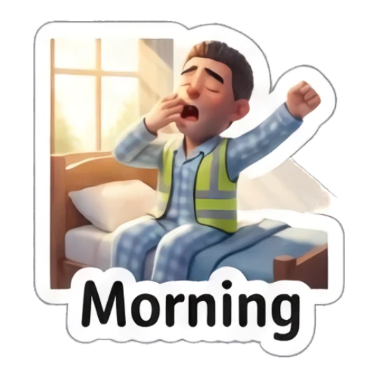 Worker stretching in bed, waking up in the morning. Busy Worker Life sticker for expressive chats and social replies.
