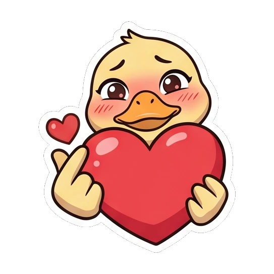 Duckling holding a large red heart Cheerful Little Duckling sticker for expressive chats and social replies.