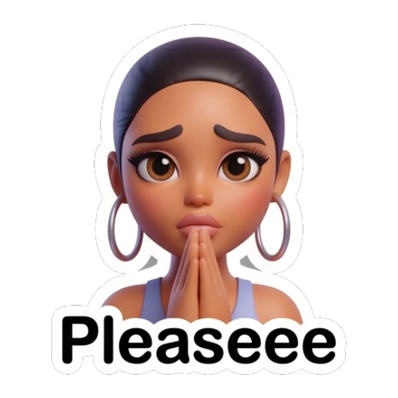 Pleading girl with hands together, text says Pleaseee. Modern Chic Girl Expressions sticker for expressive chats and social replies.