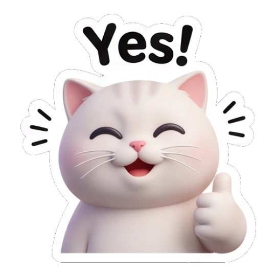 White cat smiling and giving a thumbs up saying Yes!. Whimsical White Cat Adventures sticker for expressive chats and social replies.
