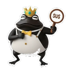 Suspicious chocolate frog holding a SUS sign Choco Froggy Adventures sticker for expressive chats and social replies.