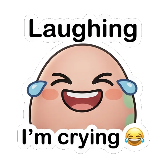 Happy egg character laughing with tears and 'Laughing' text. Little Egg Moods sticker for expressive chats and social replies.