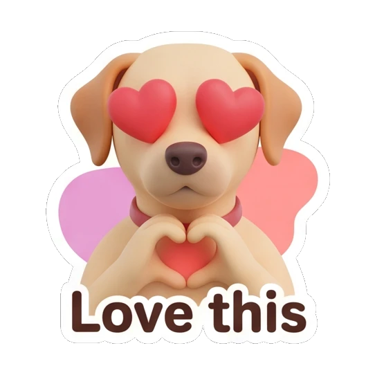 Labrador with heart-shaped eyes and hands in heart shape, text Love this Cheerful Labrador Daily sticker for expressive chats and social replies.