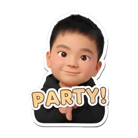 Little boy smiling confidently with PARTY text. Little Boy Daily Expressions sticker for expressive chats and social replies.