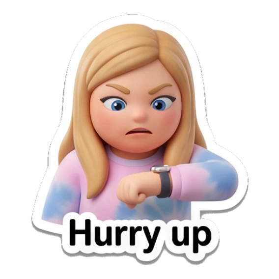 Blonde girl checking her watch impatiently, text Hurry up Blonde Girl Daily Vibes sticker for expressive chats and social replies.