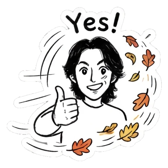 Cheerful boy giving a thumbs up with leaves, text Yes Autumn Indie Doodle Guy sticker for expressive chats and social replies.