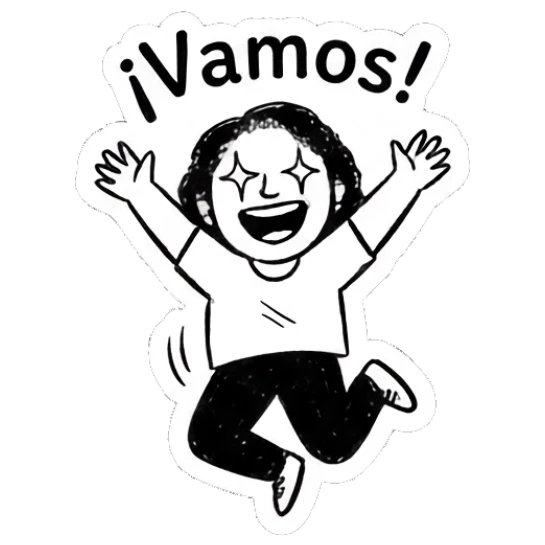 Excited girl jumping with joy with '¡Vamos!' text Curly Hair Girl Daily Vibes sticker for expressive chats and social replies.