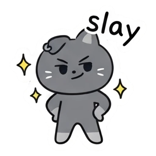 Confident grey cat standing with hands on hips and text slay. Moody Grey Cat Daily sticker for expressive chats and social replies.