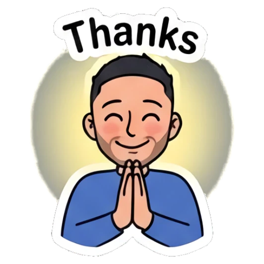 Young man with hands pressed together in gratitude, thankful expression. Daily Vibe Guy sticker for expressive chats and social replies.