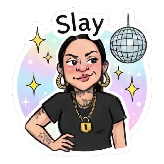 Girl posing with disco ball, confident expression, sparkly background. Doodle Girl Vibes sticker for expressive chats and social replies.