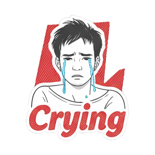 Young man crying with blue tears and text Crying. Daily Moods of a Young Man sticker for expressive chats and social replies.