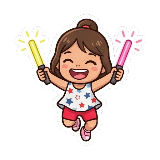 Girl cheering and celebrating with glow sticks Cheerful Star Girl Adventures sticker for expressive chats and social replies.