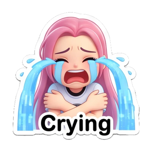 Pink-haired girl crying loudly with blue tears and text Crying Pinky Pop Adventures sticker for expressive chats and social replies.