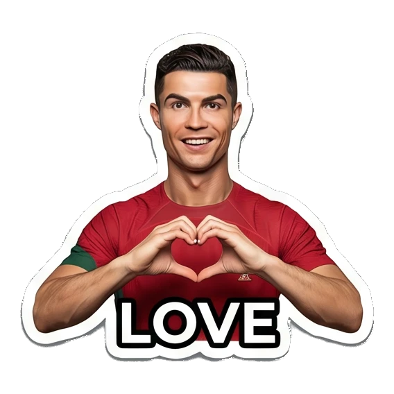 Cristiano Ronaldo making heart shape with hands with LOVE text Cristiano Ronaldo Expressions sticker for expressive chats and social replies.