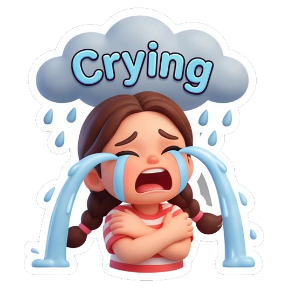 Girl crying under a rain cloud Cute Braided Girl Daily sticker for expressive chats and social replies.