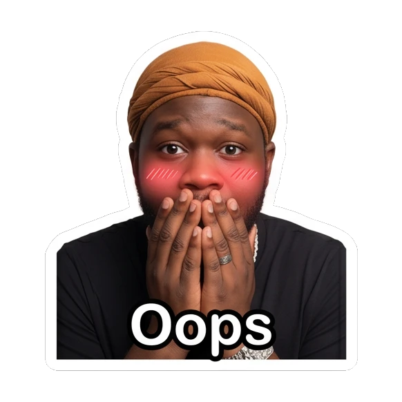 Man in durag covering mouth with hands, blushing, embarrassed, text Oops Daily Vibes with Durag Guy sticker for expressive chats and social replies.